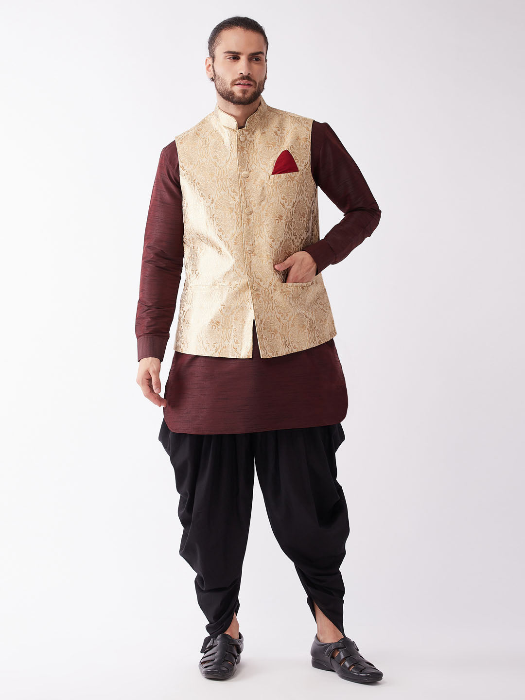 Men's Wine, Rose Gold And Black Silk Blend Jacket, Kurta And Dhoti Set - Vastramay