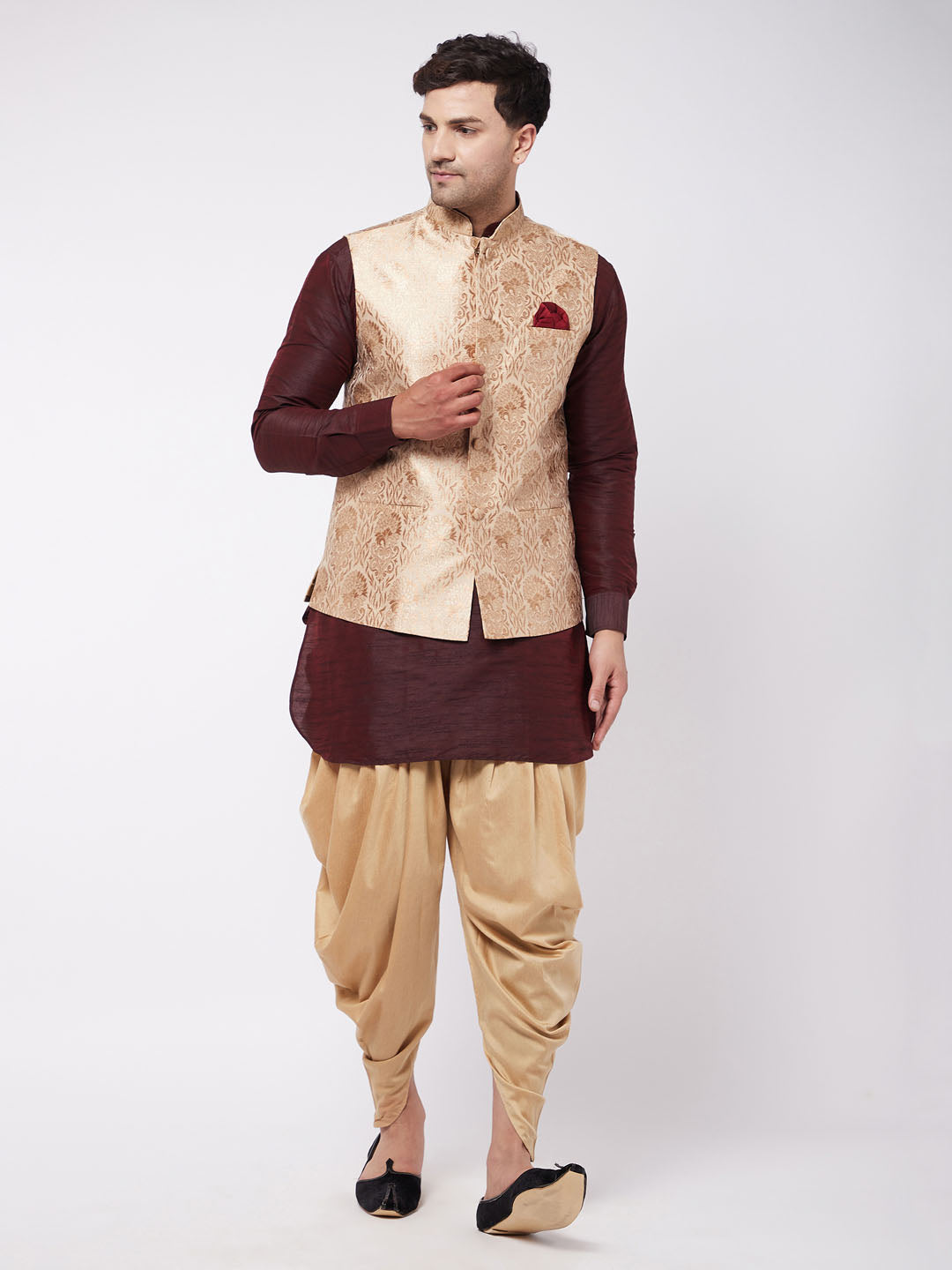 Men's Wine And Rose Gold Silk Blend Jacket, Kurta And Dhoti Set - Vastramay