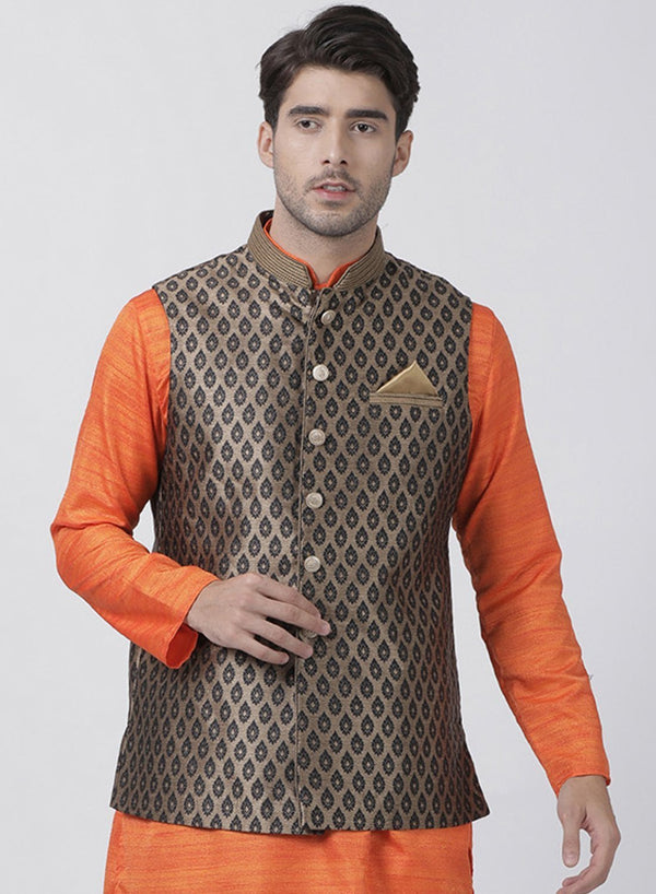 Men's Black Cotton Silk Blend Ethnic Jacket - Vastramay