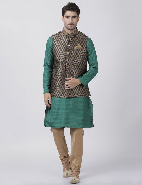 Men's Green Cotton Silk Blend Kurta, Ethnic Jacket and Pyjama Set - Vastramay