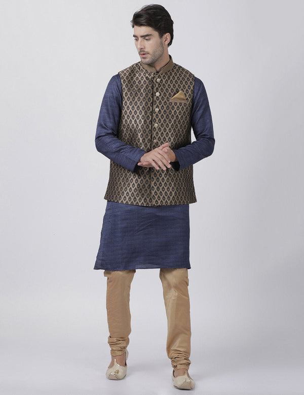 Men's Dark Blue Cotton Silk Blend Kurta, Ethnic Jacket and Pyjama Set - Vastramay