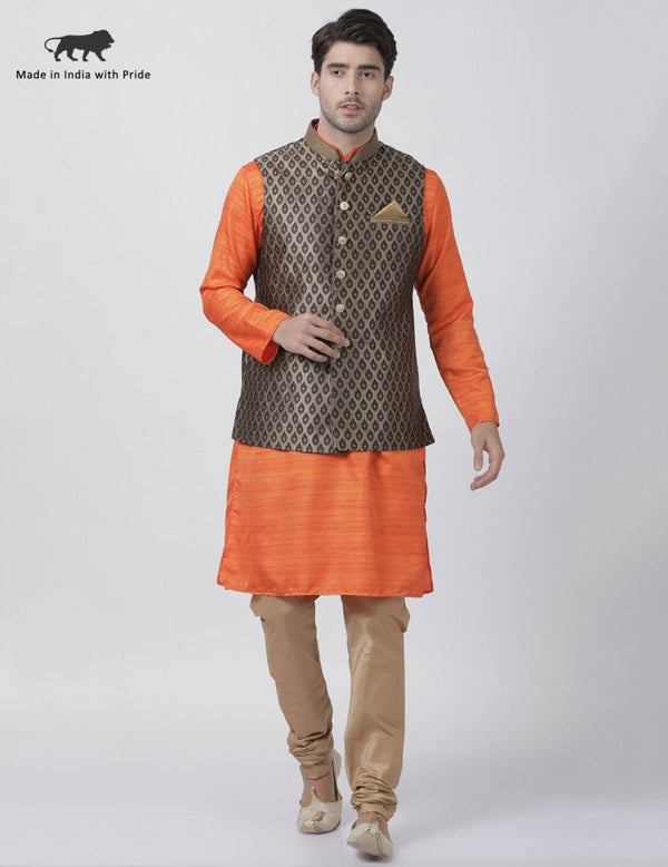 Jashvi Men's Orange Cotton Silk Blend Kurta, Ethnic Jacket and Pyjama Set