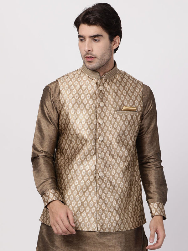 Men's Gold Cotton Silk Blend Ethnic Jacket - Vastramay