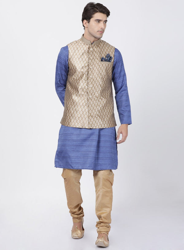 Jashvi Men's Blue Cotton Silk Blend Kurta, Ethnic Jacket and Pyjama Set