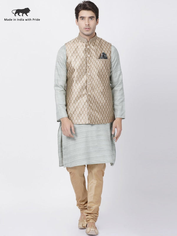 Jashvi Men's Light Green Cotton Silk Blend Kurta, Ethnic Jacket and Pyjama Set