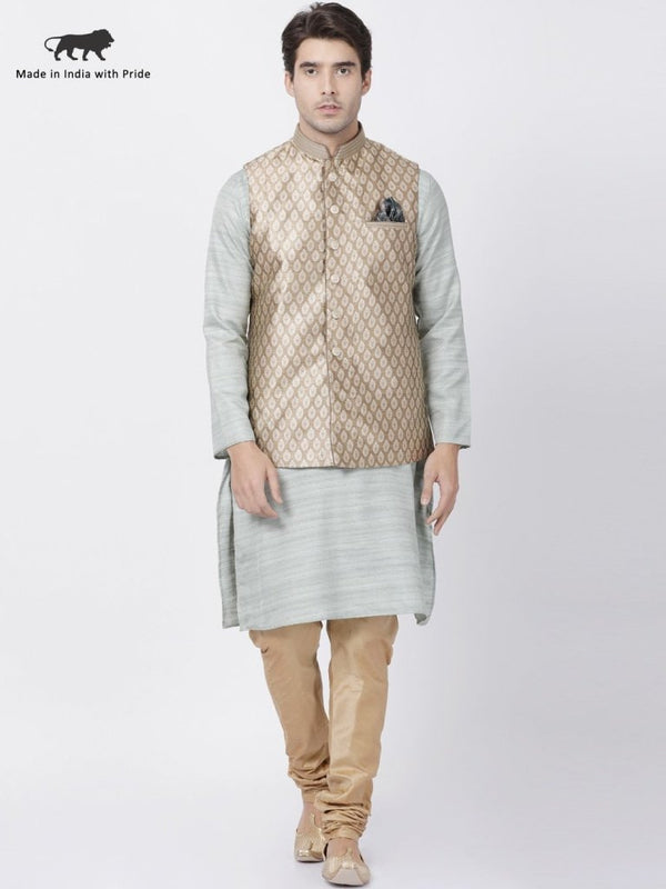 Men's Light Green Cotton Silk Blend Kurta, Ethnic Jacket and Pyjama Set - Vastramay