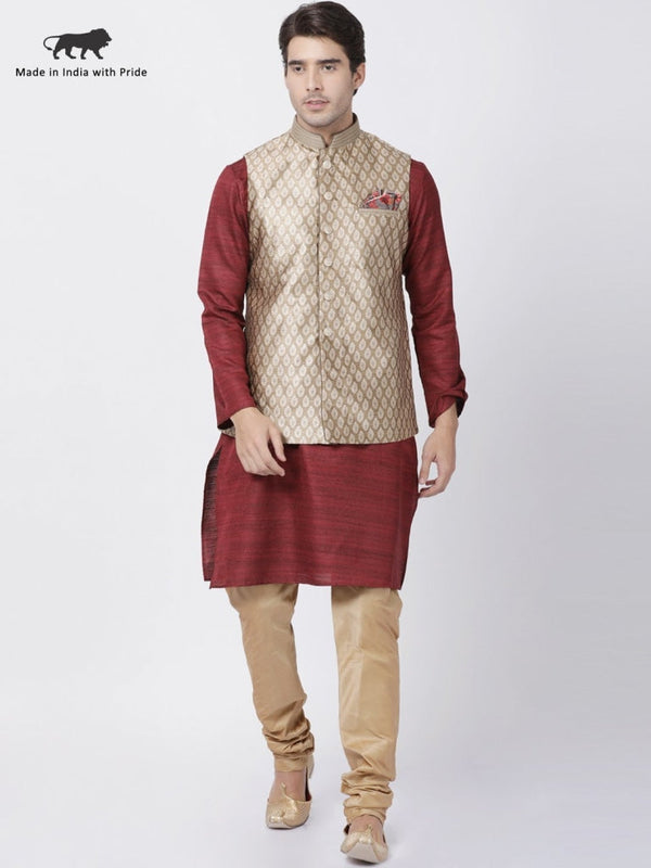 Jashvi Men's Maroon Cotton Silk Blend Kurta, Ethnic Jacket and Pyjama Set