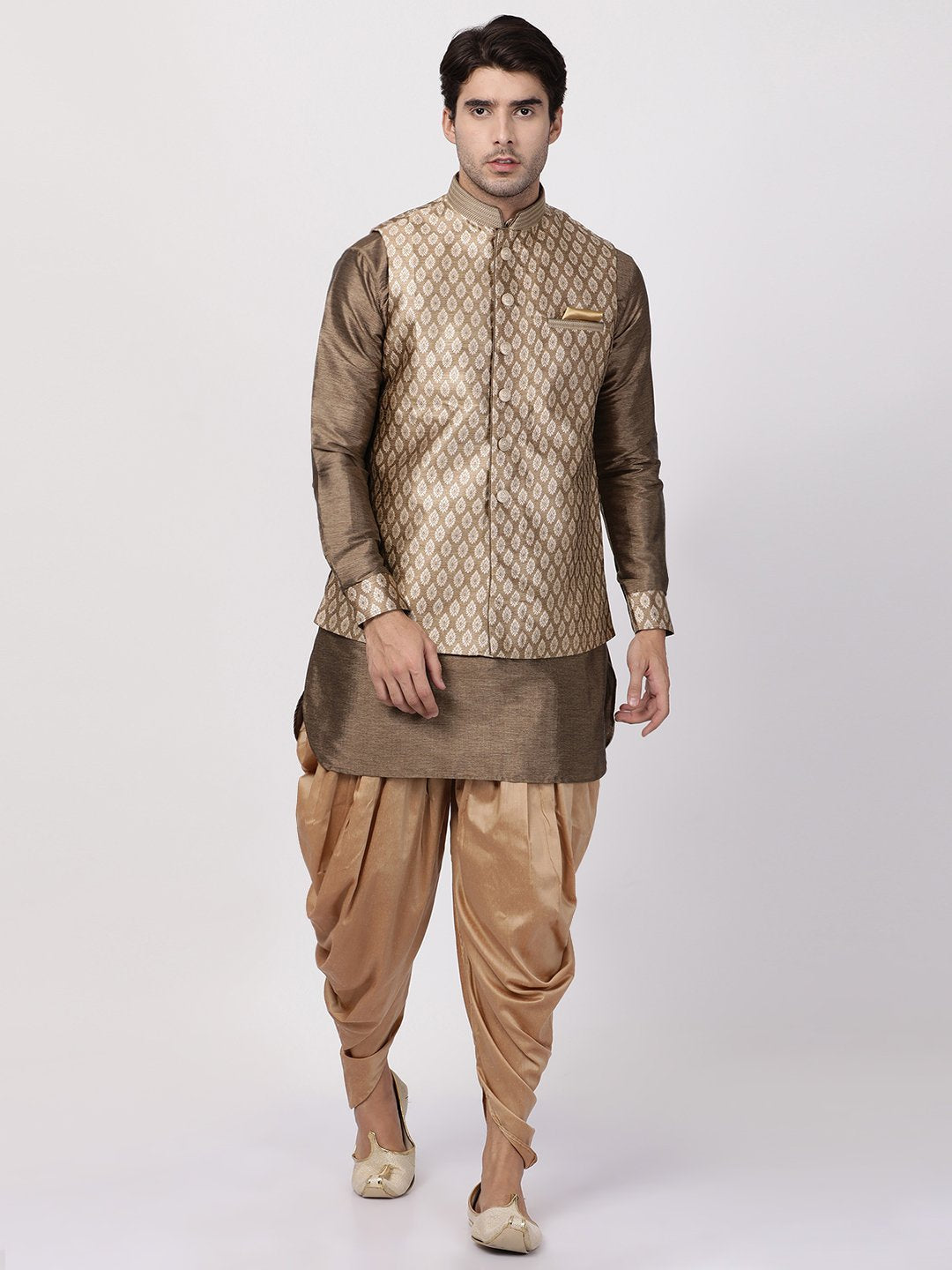 Men's Gold Cotton Silk Blend Ethnic Jacket, Kurta and Dhoti Pant Set