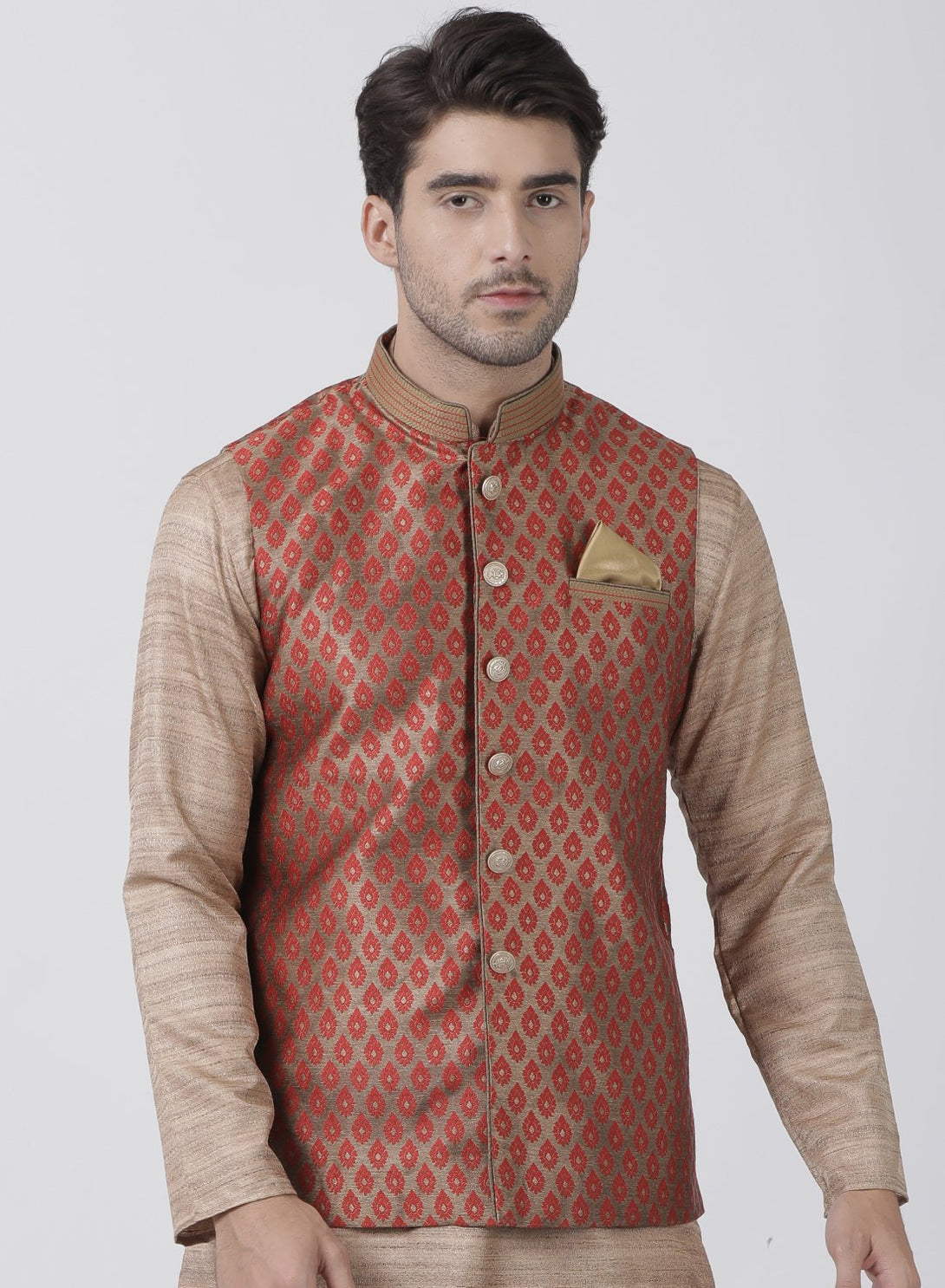 Men's Maroon Cotton Silk Blend Ethnic Jacket