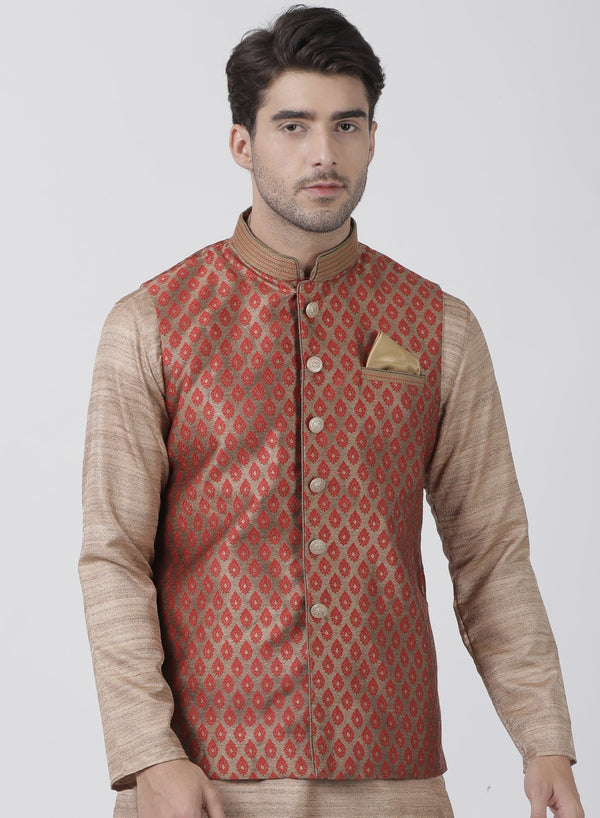 Men's Maroon Cotton Silk Blend Ethnic Jacket - Vastramay