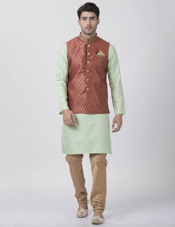 Men's Light Green Cotton Silk Blend Kurta, Ethnic Jacket and Pyjama Set - Vastramay