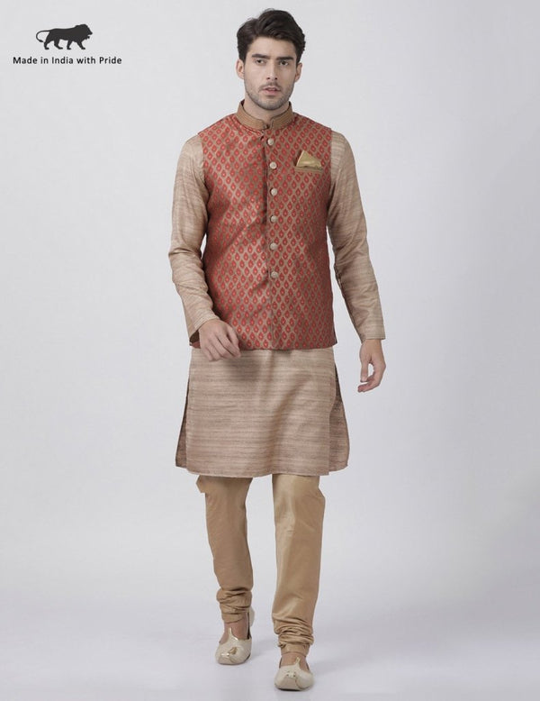 Men's Gold Cotton Silk Blend Kurta, Ethnic Jacket and Pyjama Set - Vastramay