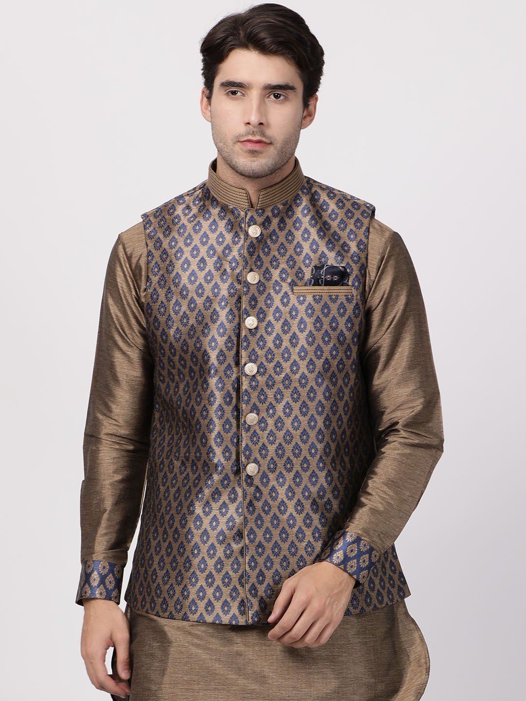 Men's Dark Blue Cotton Silk Blend Ethnic Jacket