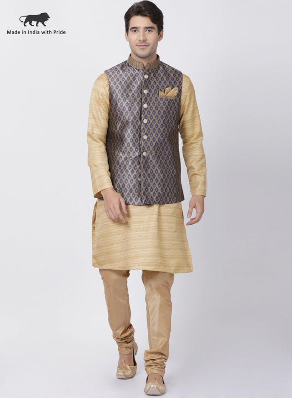 Jashvi Men's Beige Cotton Silk Blend Kurta, Ethnic Jacket and Pyjama Set