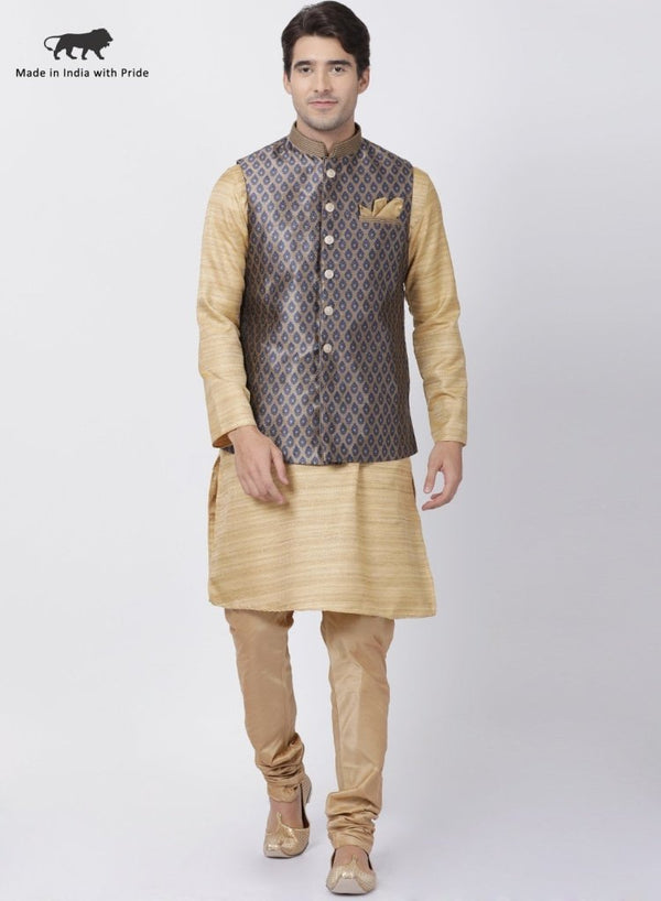 Men's Beige Cotton Silk Blend Kurta, Ethnic Jacket and Pyjama Set - Vastramay