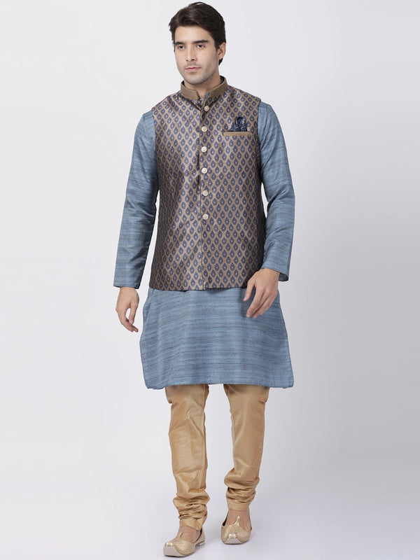 Jashvi Men's Grey Cotton Silk Blend Kurta, Ethnic Jacket and Pyjama Set