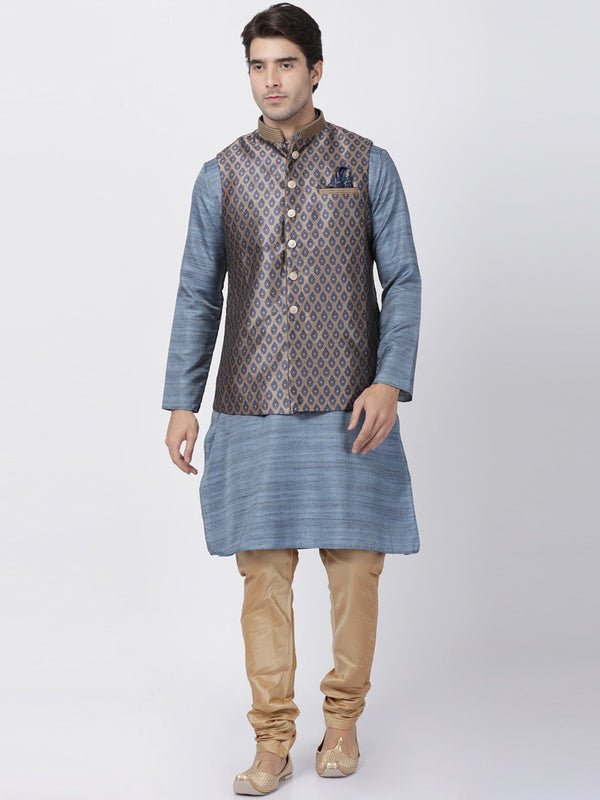 Men's Grey Cotton Silk Blend Kurta, Ethnic Jacket and Pyjama Set - Vastramay