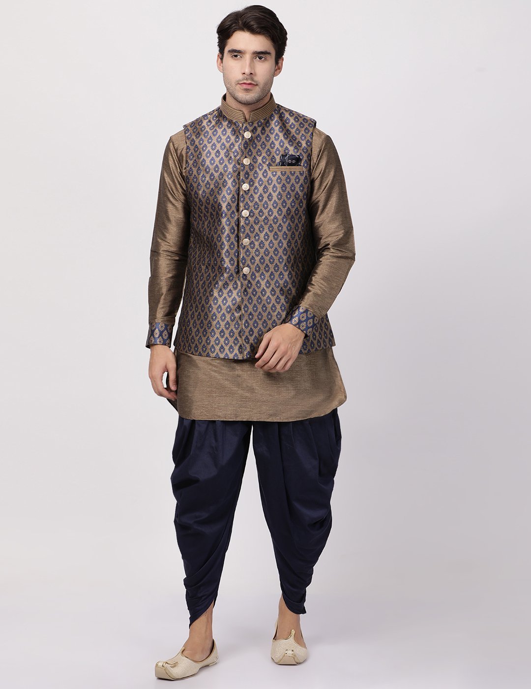 Men's Dark Blue Cotton Silk Blend Ethnic Jacket, Kurta and Dhoti Pant Set