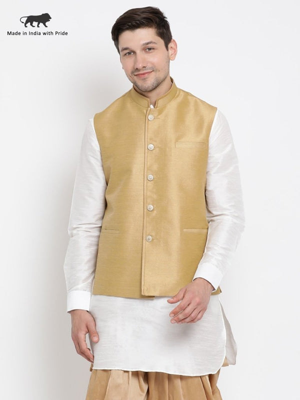 Men's Beige Cotton Silk Blend Ethnic Jacket - Vastramay