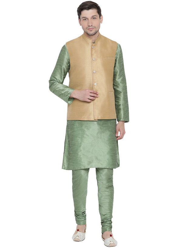 Jashvi Men's Light Green Cotton Silk Blend Kurta, Ethnic Jacket and Pyjama Set