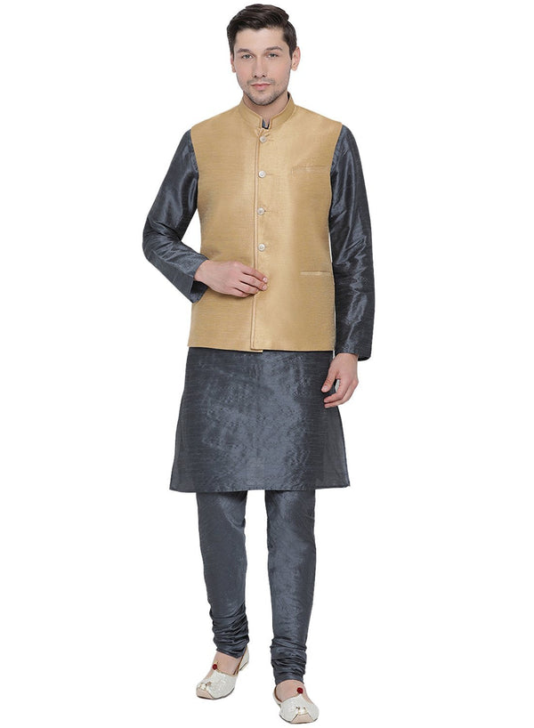 Jashvi Men's Grey Cotton Silk Blend Kurta, Ethnic Jacket and Pyjama Set