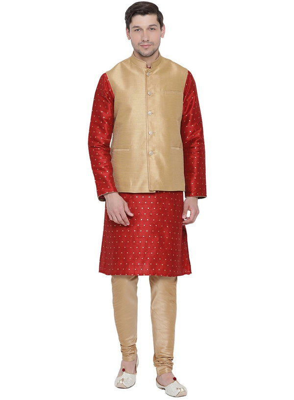 Jashvi Men's Maroon Cotton Silk Blend Kurta, Ethnic Jacket and Pyjama Set