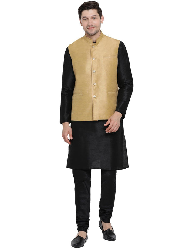 Jashvi Men's Black Cotton Silk Blend Kurta, Ethnic Jacket and Pyjama Set