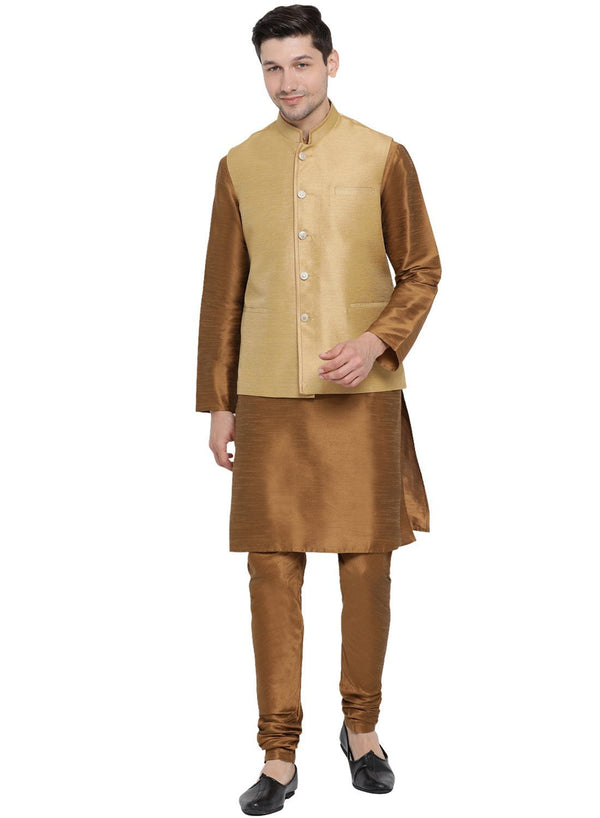 Jashvi Men's Brown Cotton Silk Blend Kurta, Ethnic Jacket and Pyjama Set