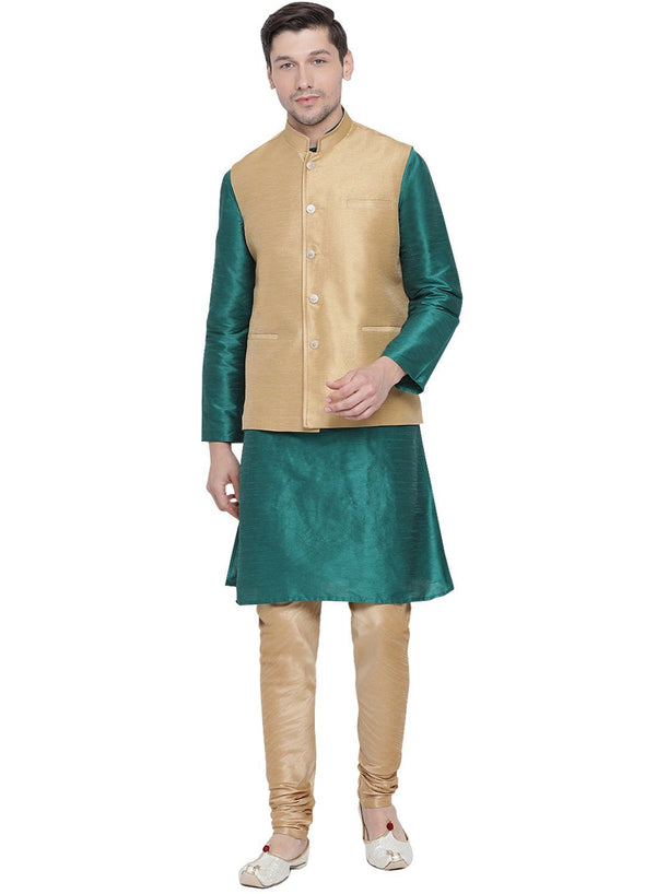 Jashvi Men's Green Cotton Silk Blend Kurta, Ethnic Jacket and Pyjama Set