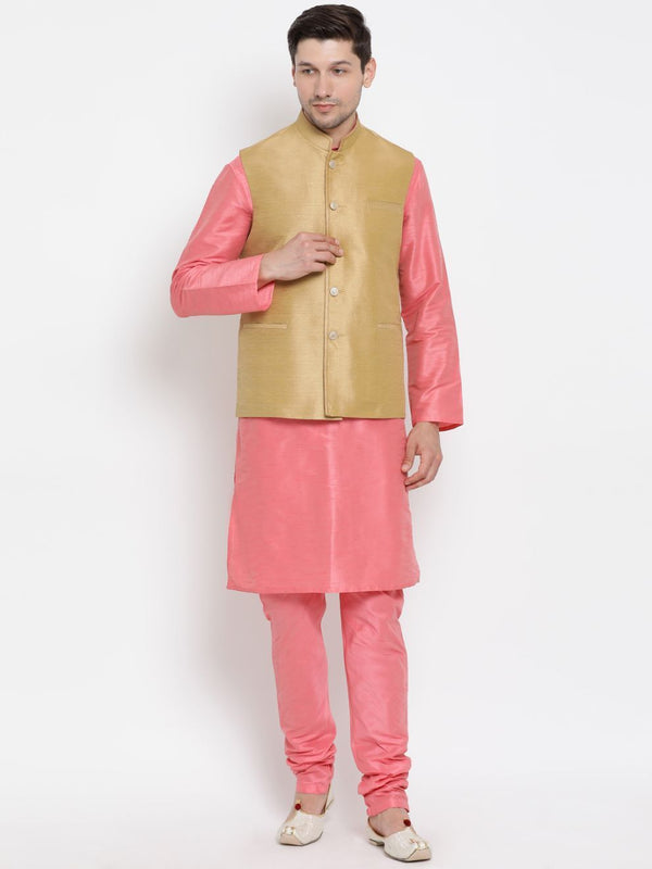 Jashvi Men's Pink Cotton Silk Blend Kurta, Ethnic Jacket and Pyjama Set