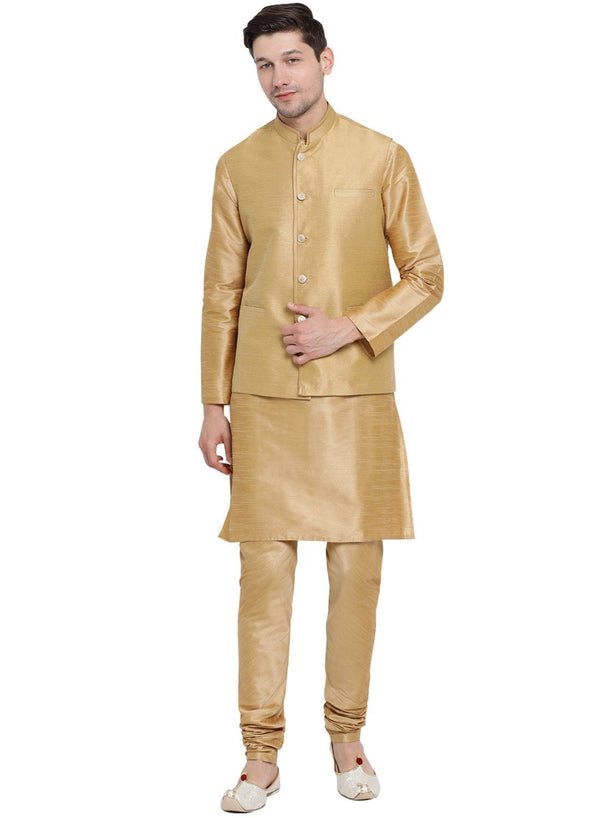 Jashvi Men's Gold Cotton Silk Blend Kurta, Ethnic Jacket and Pyjama Set