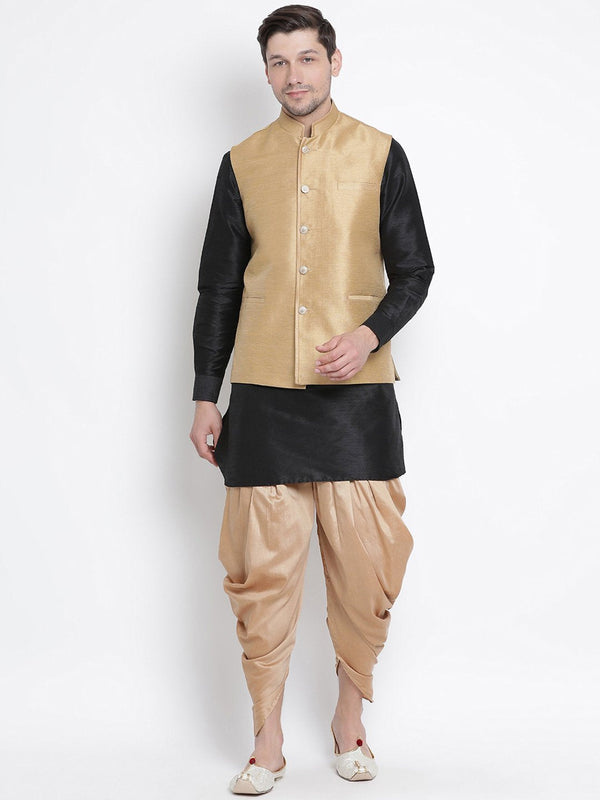 Men's Black Cotton Silk Blend Ethnic Jacket, Kurta and Dhoti Pant Set - Vastramay