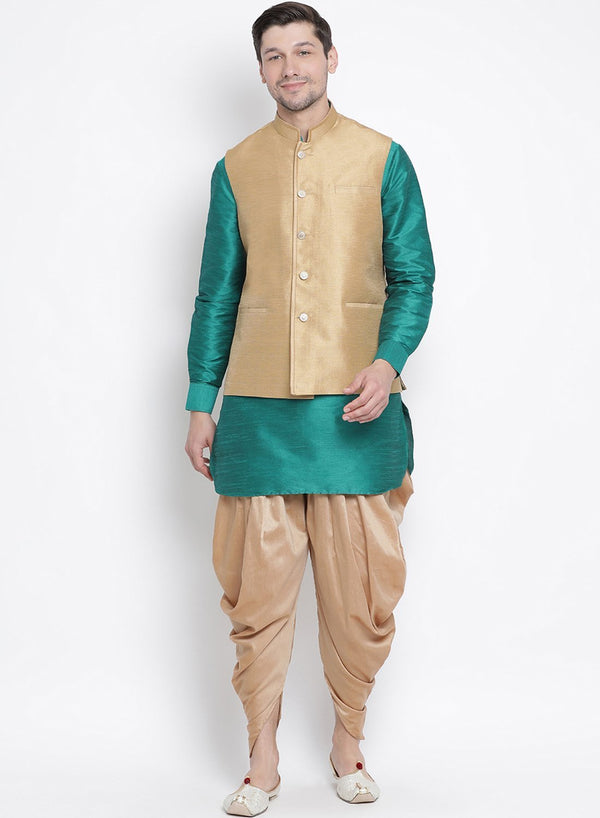 Men's Green Cotton Silk Blend Ethnic Jacket, Kurta and Dhoti Pant Set - Vastramay