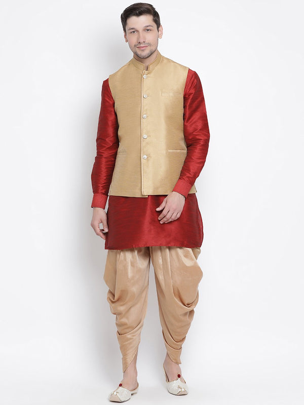 Men's Maroon Cotton Silk Blend Ethnic Jacket, Kurta and Dhoti Pant Set - Vastramay