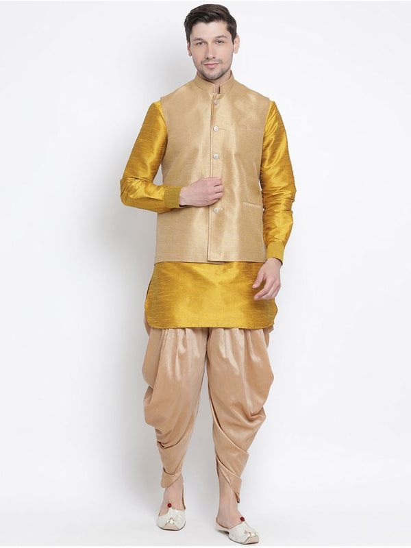 Men's Yellow Cotton Silk Blend Ethnic Jacket, Kurta and Dhoti Pant Set - Vastramay