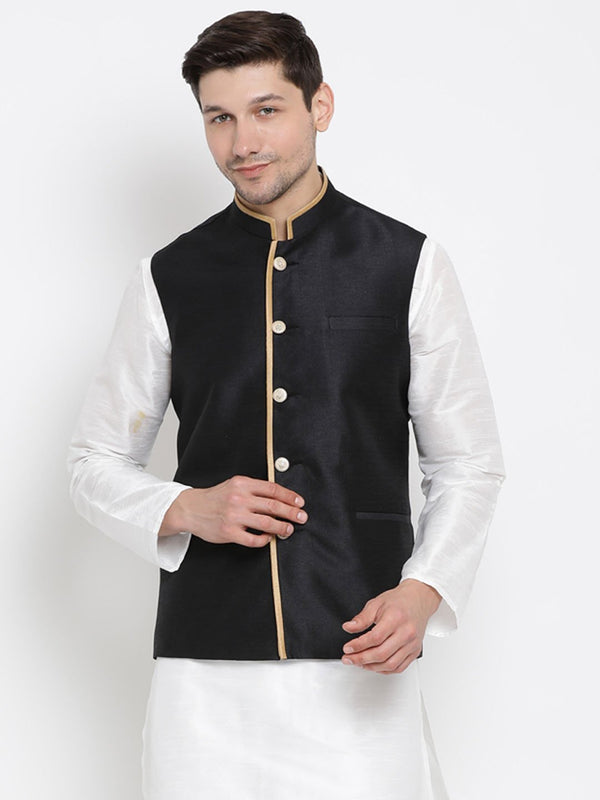 Men's Black Cotton Silk Blend Ethnic Jacket - Vastramay