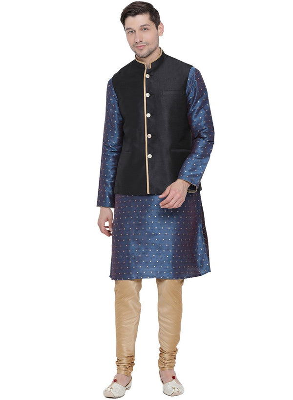 Jashvi Men's Blue Cotton Silk Blend Kurta, Ethnic Jacket and Pyjama Set