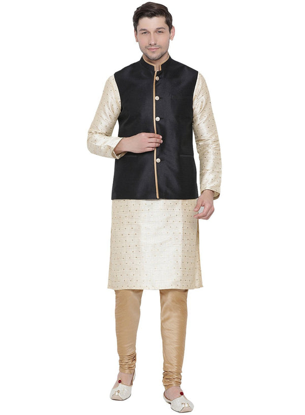 Jashvi Men's Gold Cotton Silk Blend Kurta, Ethnic Jacket and Pyjama Set