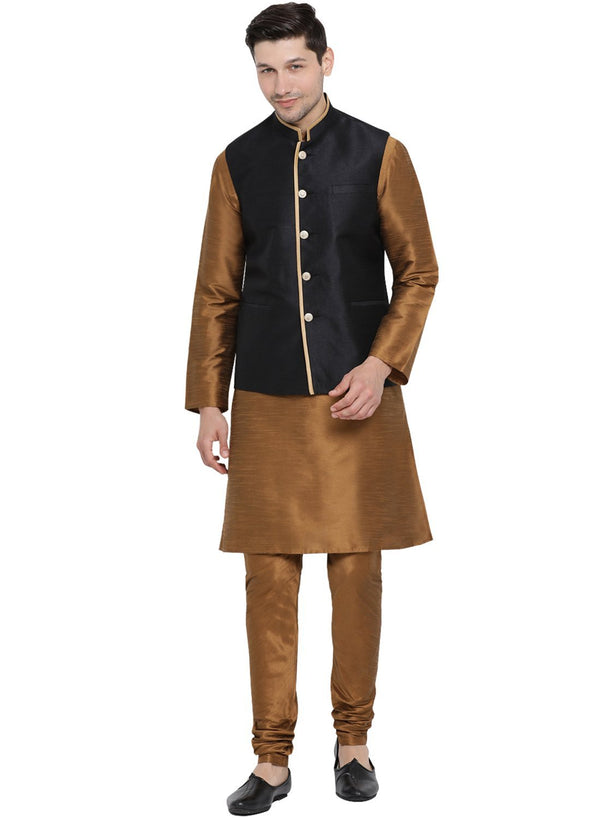 Jashvi Men's Brown Cotton Silk Blend Kurta, Ethnic Jacket and Pyjama Set