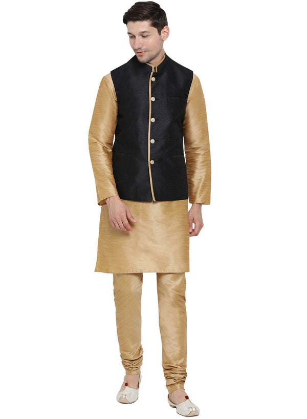 Jashvi Men's Gold Cotton Silk Blend Kurta, Ethnic Jacket and Pyjama Set