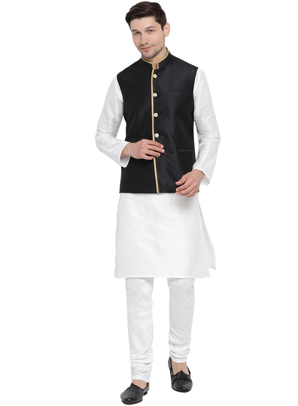 Jashvi Men's White Cotton Silk Blend Kurta, Ethnic Jacket and Pyjama Set