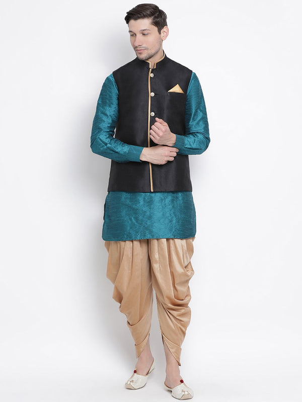 Men's Dark Green Cotton Silk Blend Ethnic Jacket, Kurta and Dhoti Pant Set - Vastramay