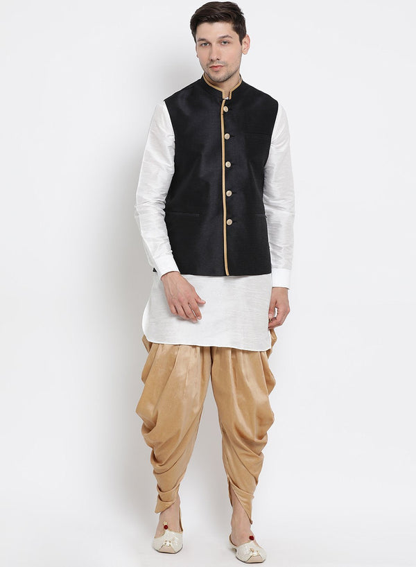 Men's White Cotton Silk Blend Ethnic Jacket, Kurta and Dhoti Pant Set - Vastramay