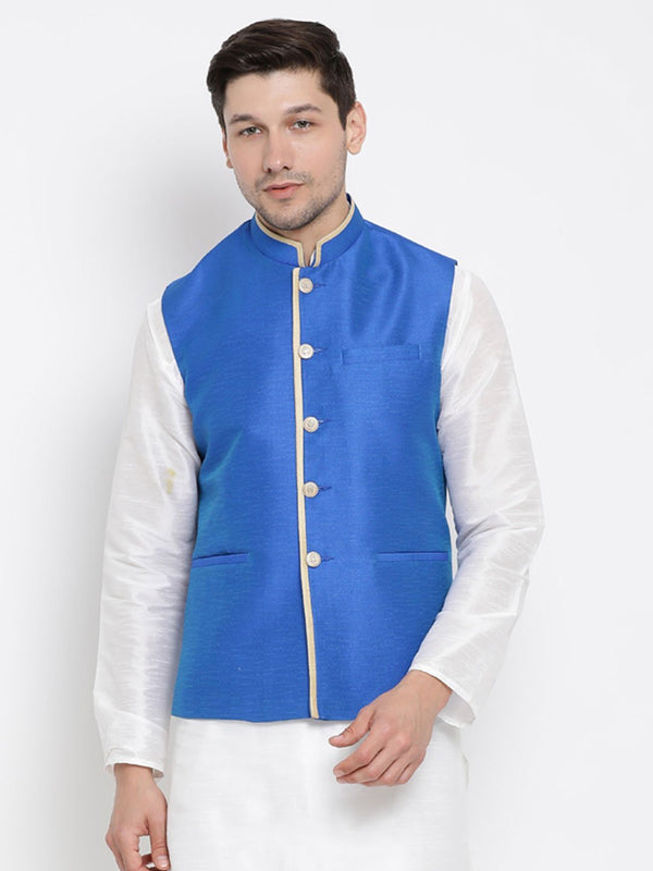 Men's Blue Cotton Silk Blend Ethnic Jacket - Vastramay