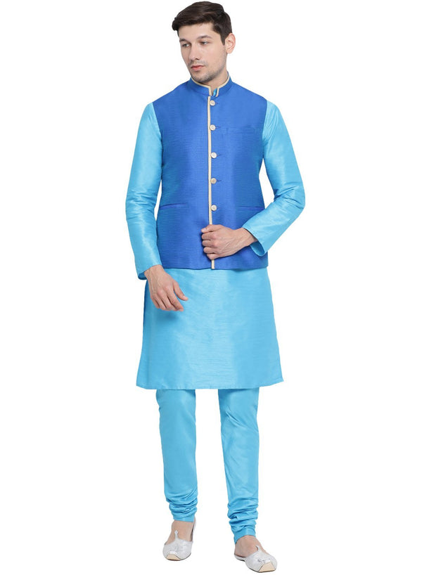 Men's Light Blue Cotton Silk Blend Kurta, Ethnic Jacket and Pyjama Set - Vastramay