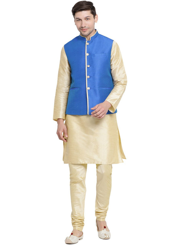 Men's Gold Cotton Silk Blend Kurta, Ethnic Jacket and Pyjama Set - Vastramay