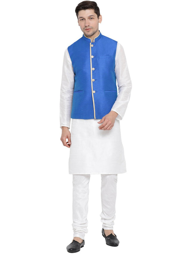 Jashvi Men's White Cotton Silk Blend Kurta, Ethnic Jacket and Pyjama Set