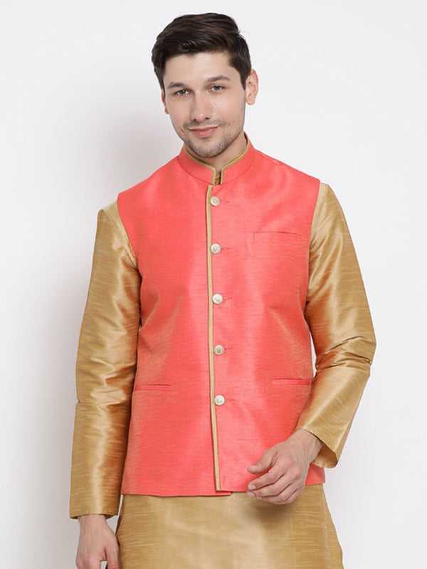 Men's Pink Cotton Silk Blend Ethnic Jacket - Vastramay