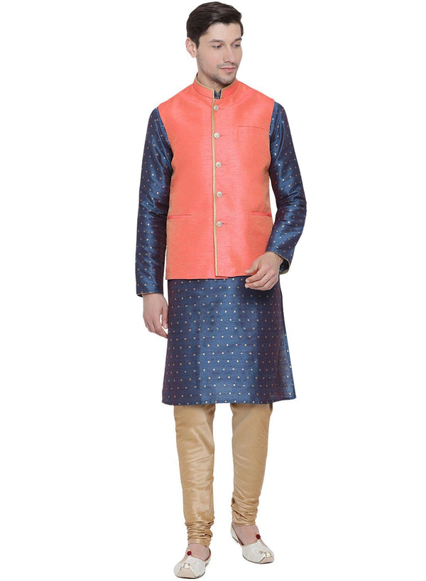 Jashvi Men's Blue Cotton Silk Blend Kurta, Ethnic Jacket and Pyjama Set