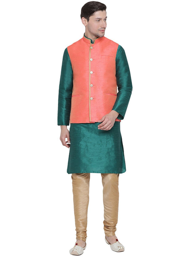 Jashvi Men's Green Cotton Silk Blend Kurta, Ethnic Jacket and Pyjama Set